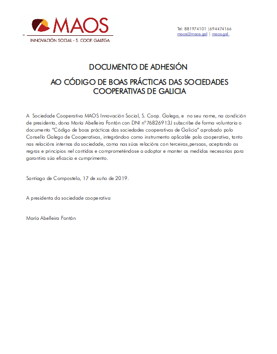 Documento de adhesión de MAOS ao Código de Boas Prácticas das Sociedades Cooperativas de Galicia.